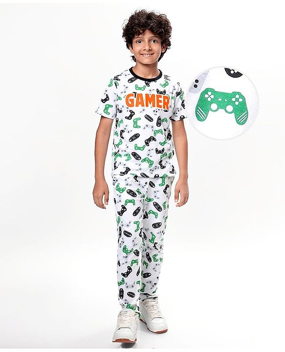 Pine Kids Single Jersey Knit Half Sleeves Night Suit With Gamer Text Print - White
