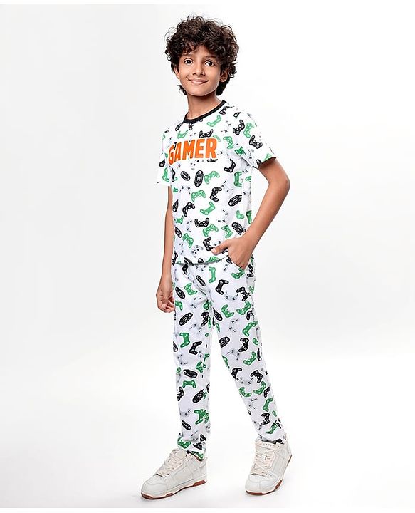 Pine Kids Single Jersey Knit Half Sleeves Night Suit With Gamer Text Print - White