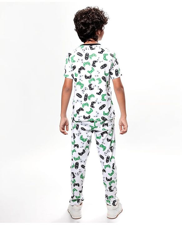 Pine Kids Single Jersey Knit Half Sleeves Night Suit With Gamer Text Print - White