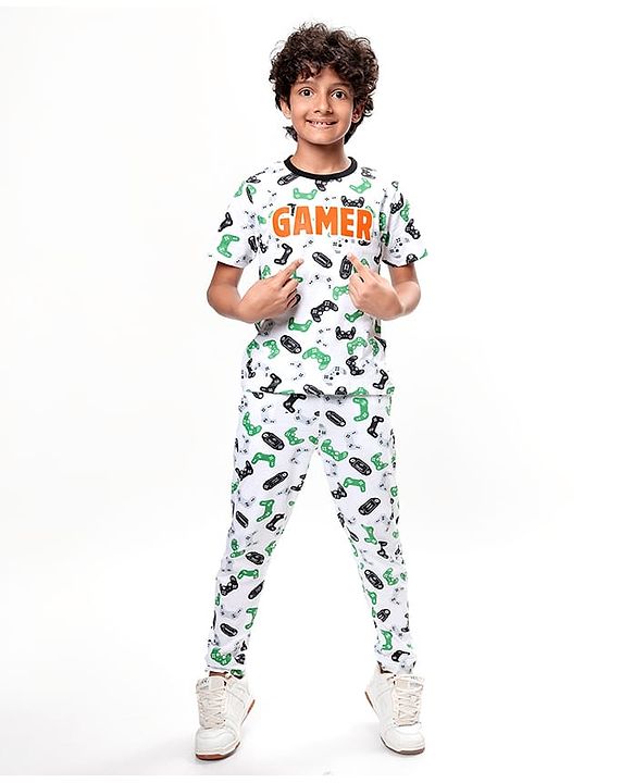 Pine Kids Single Jersey Knit Half Sleeves Night Suit With Gamer Text Print - White