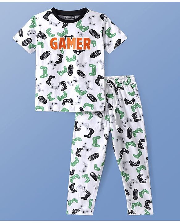 Pine Kids Single Jersey Knit Half Sleeves Night Suit With Gamer Text Print - White