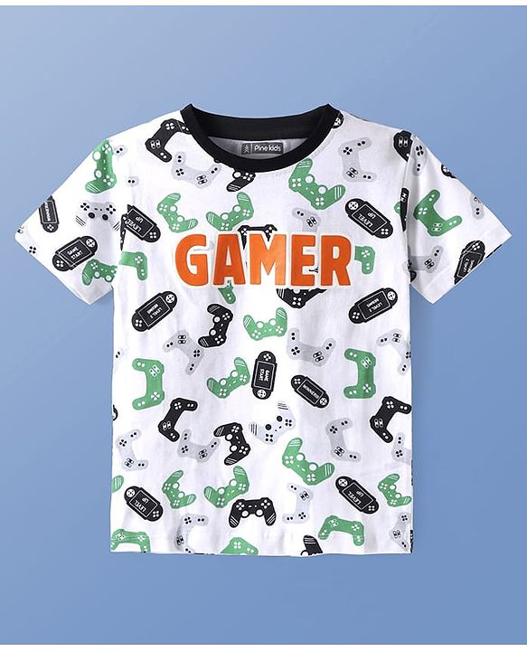Pine Kids Single Jersey Knit Half Sleeves Night Suit With Gamer Text Print - White