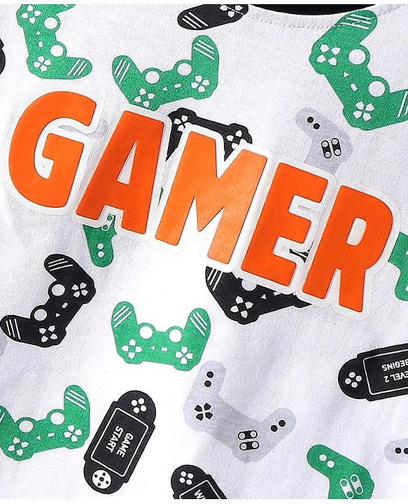Pine Kids Single Jersey Knit Half Sleeves Night Suit With Gamer Text Print - White