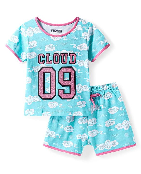 Pine Kids Single Jersey Knit Half Sleeves Shorts Night Suit Text Glitter Print - Light Blue