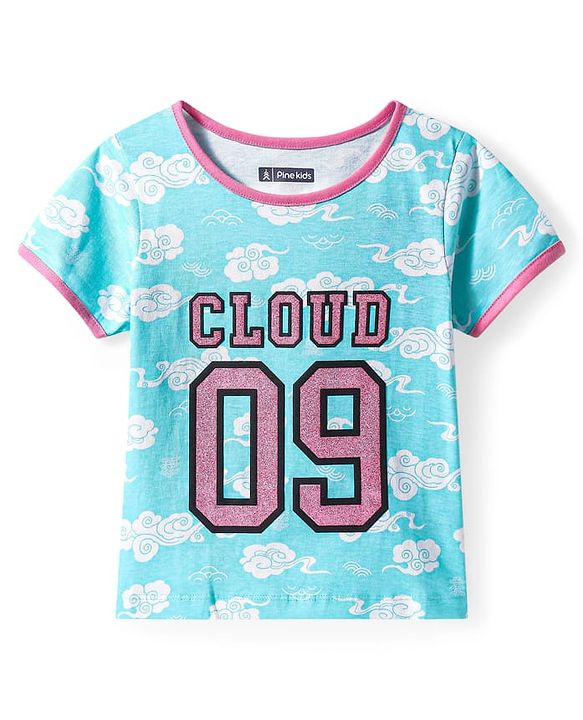 Pine Kids Single Jersey Knit Half Sleeves Shorts Night Suit Text Glitter Print - Light Blue