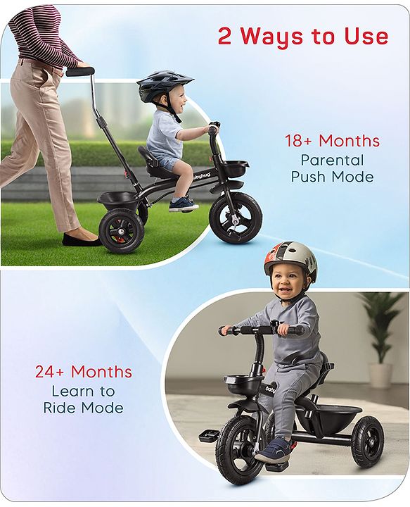 Babyhug Cruise Plug & Play Trike with Mild Steel Frame & Parental Handle Front & Rear Storage Basket with 3 Rubber Wheels with Foldable Foot Rest & Bell - Black
