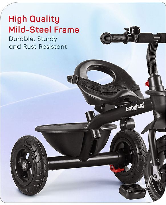Babyhug Cruise Plug & Play Trike with Mild Steel Frame & Parental Handle Front & Rear Storage Basket with 3 Rubber Wheels with Foldable Foot Rest & Bell - Black