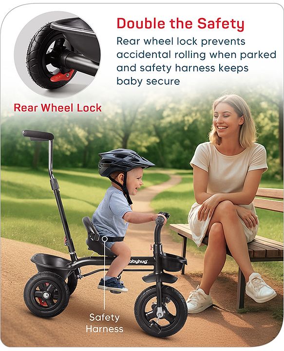 Babyhug Cruise Plug & Play Trike with Mild Steel Frame & Parental Handle Front & Rear Storage Basket with 3 Rubber Wheels with Foldable Foot Rest & Bell - Black