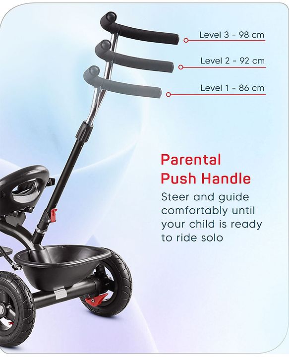 Babyhug Cruise Plug & Play Trike with Mild Steel Frame & Parental Handle Front & Rear Storage Basket with 3 Rubber Wheels with Foldable Foot Rest & Bell - Black