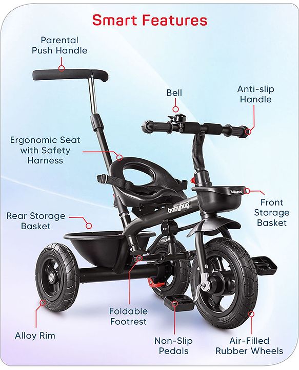Babyhug Cruise Plug & Play Trike with Mild Steel Frame & Parental Handle Front & Rear Storage Basket with 3 Rubber Wheels with Foldable Foot Rest & Bell - Black