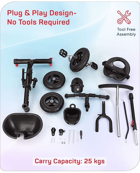 Babyhug Cruise Plug & Play Trike with Mild Steel Frame & Parental Handle Front & Rear Storage Basket with 3 Rubber Wheels with Foldable Foot Rest & Bell - Black