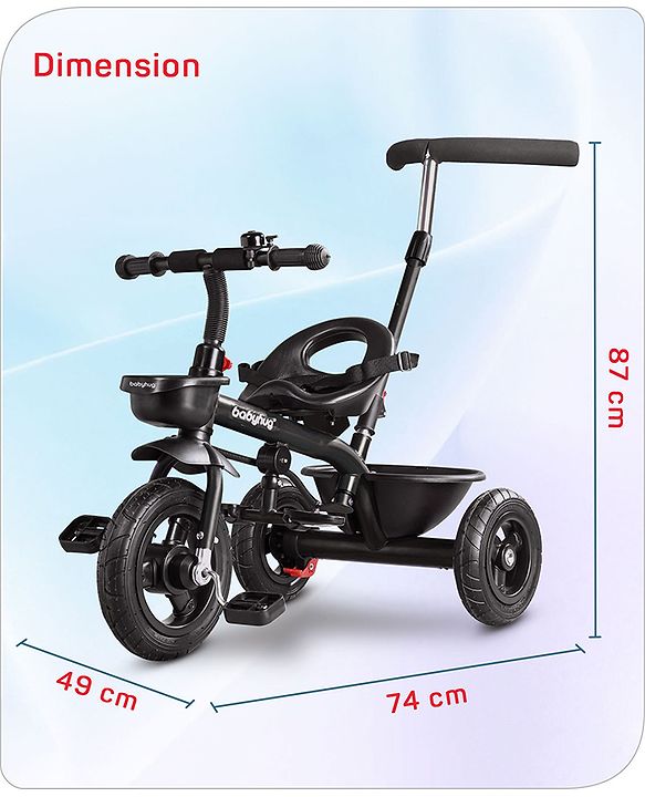 Babyhug Cruise Plug & Play Trike with Mild Steel Frame & Parental Handle Front & Rear Storage Basket with 3 Rubber Wheels with Foldable Foot Rest & Bell - Black