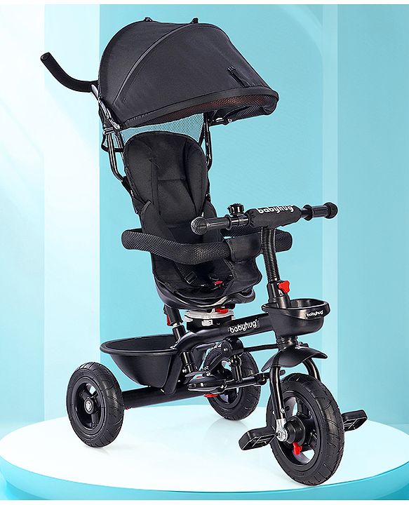 Babyhug Hermes Glider Plug & Play Trike with 360° Rotatable Seat & Parental Handle with Canopy Rubber Wheels & Storage Baskets with Bell - Black