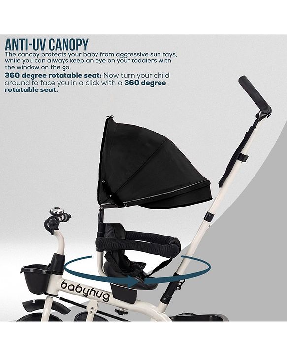 Babyhug Hermes Glider Plug & Play Trike with 360° Rotatable Seat & Parental Handle with Canopy Rubber Wheels & Storage Baskets with Bell - Black