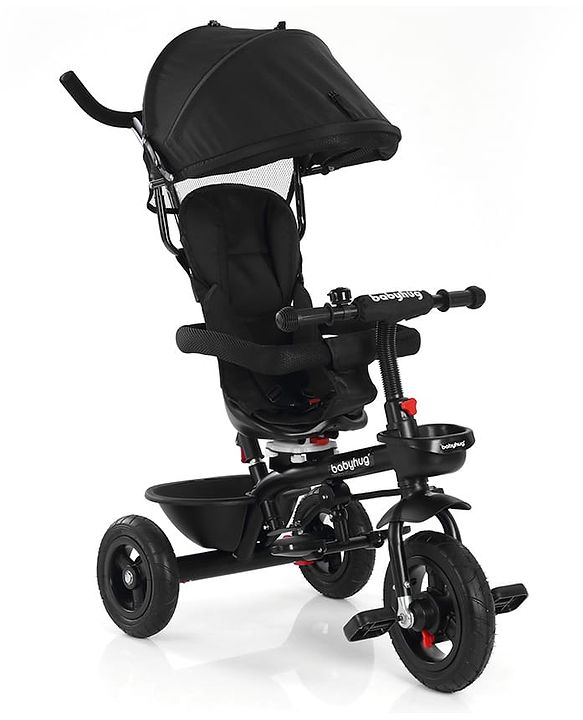 Babyhug Hermes Glider Plug & Play Trike with 360° Rotatable Seat & Parental Handle with Canopy Rubber Wheels & Storage Baskets with Bell - Black