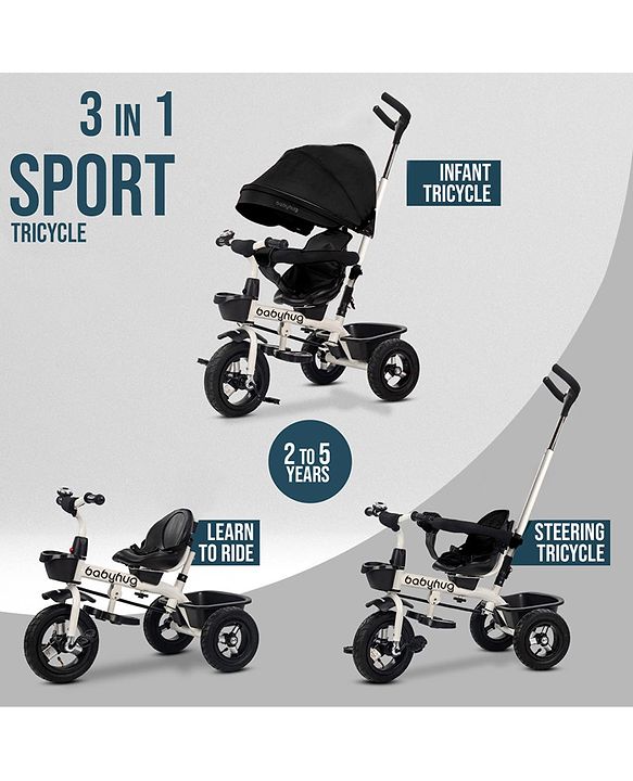 Babyhug Hermes Glider Plug & Play Trike with 360° Rotatable Seat & Parental Handle with Canopy Rubber Wheels & Storage Baskets with Bell - Black