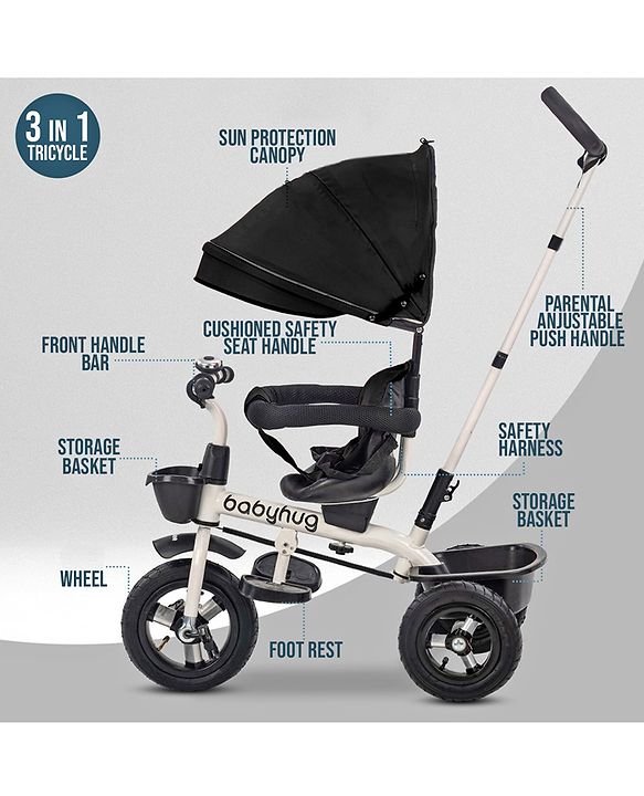Babyhug Hermes Glider Plug & Play Trike with 360° Rotatable Seat & Parental Handle with Canopy Rubber Wheels & Storage Baskets with Bell - Black