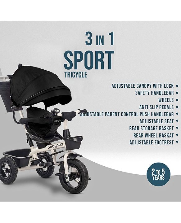 Babyhug Hermes Glider Plug & Play Trike with 360° Rotatable Seat & Parental Handle with Canopy Rubber Wheels & Storage Baskets with Bell - Black