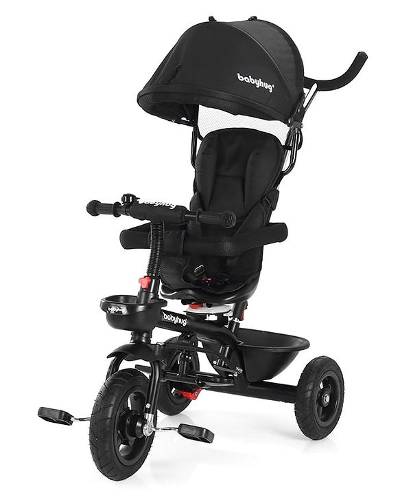 Babyhug Hermes Glider Plug & Play Trike with 360° Rotatable Seat & Parental Handle with Canopy Rubber Wheels & Storage Baskets with Bell - Black