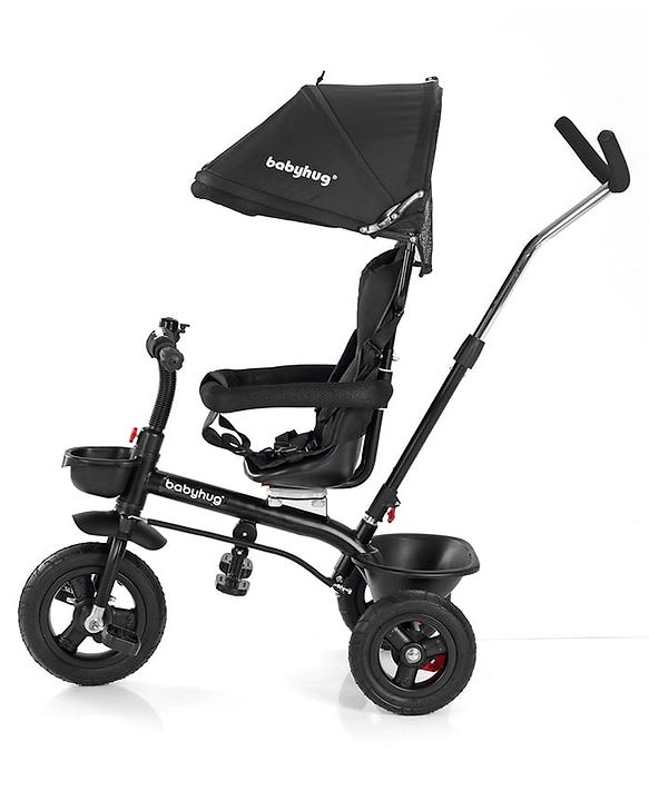 Babyhug Hermes Glider Plug & Play Trike with 360° Rotatable Seat & Parental Handle with Canopy Rubber Wheels & Storage Baskets with Bell - Black