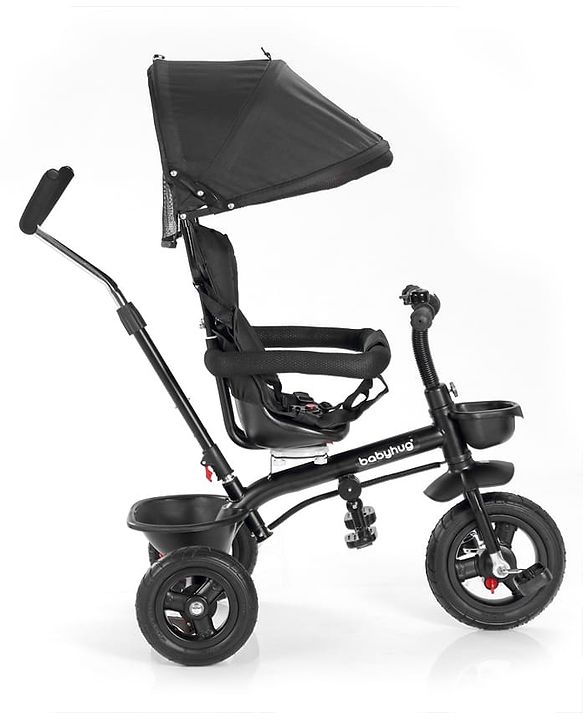 Babyhug Hermes Glider Plug & Play Trike with 360° Rotatable Seat & Parental Handle with Canopy Rubber Wheels & Storage Baskets with Bell - Black