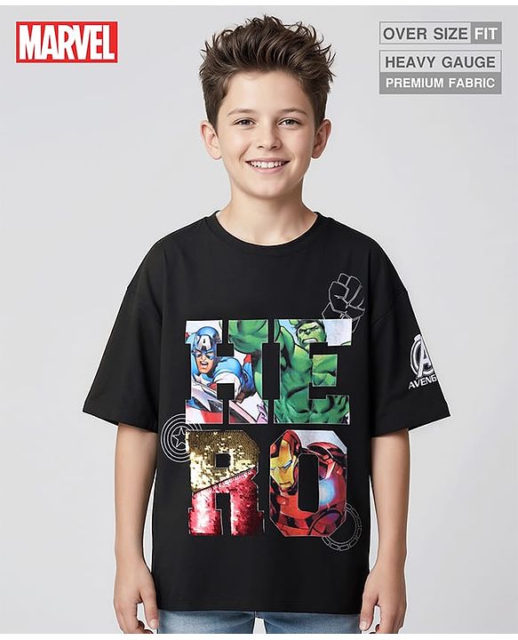 Pine Kids Marvel Terry Knit Half Sleeves Oversized T-Shirt with Avengers Graphics & Sequins Detailing - Black