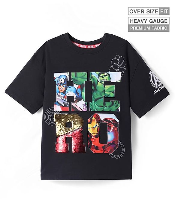Pine Kids Marvel Terry Knit Half Sleeves Oversized T-Shirt with Avengers Graphics & Sequins Detailing - Black