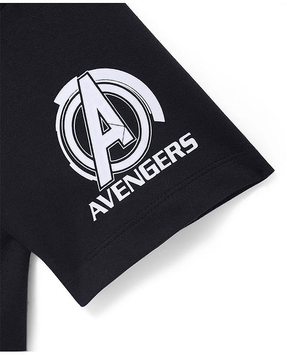 Pine Kids Marvel Terry Knit Half Sleeves Oversized T-Shirt with Avengers Graphics & Sequins Detailing - Black