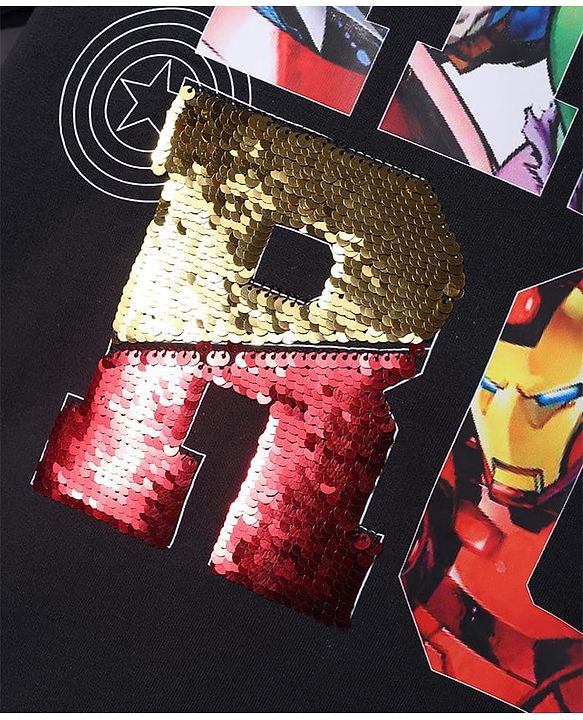 Pine Kids Marvel Terry Knit Half Sleeves Oversized T-Shirt with Avengers Graphics & Sequins Detailing - Black