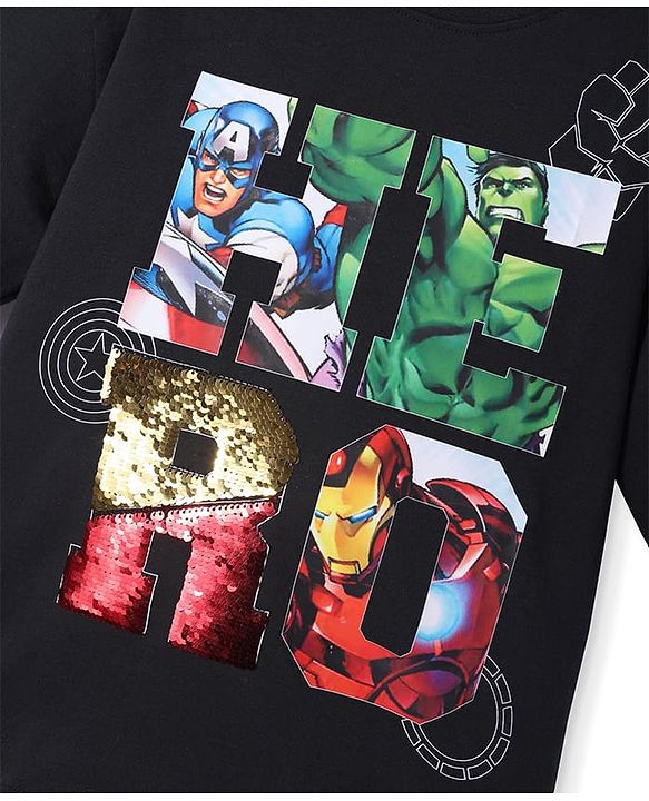 Pine Kids Marvel Terry Knit Half Sleeves Oversized T-Shirt with Avengers Graphics & Sequins Detailing - Black