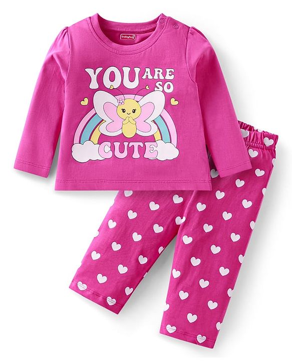 Babyhug Cotton Knit Full Sleeves Night Suit With Butterfly & Text Print - Pink