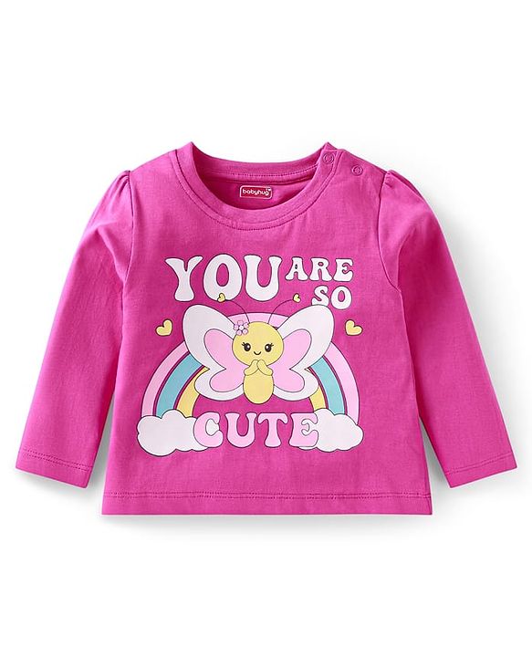 Babyhug Cotton Knit Full Sleeves Night Suit With Butterfly & Text Print - Pink