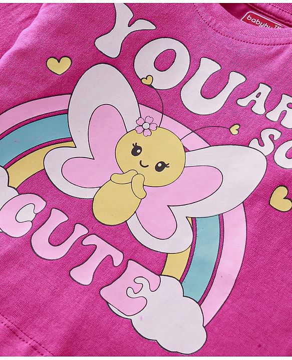Babyhug Cotton Knit Full Sleeves Night Suit With Butterfly & Text Print - Pink