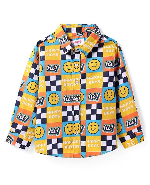 Babyhug Cotton Woven Full Sleeves Shirt with Smiley Print - Yellow & Blue
