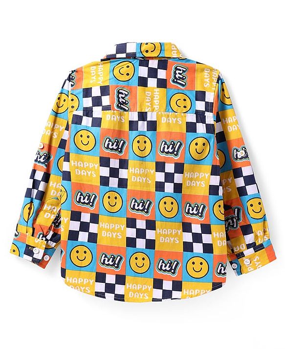 Babyhug Cotton Woven Full Sleeves Shirt with Smiley Print - Yellow & Blue