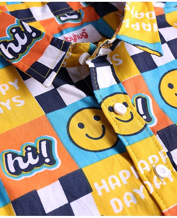 Babyhug Cotton Woven Full Sleeves Shirt with Smiley Print - Yellow & Blue
