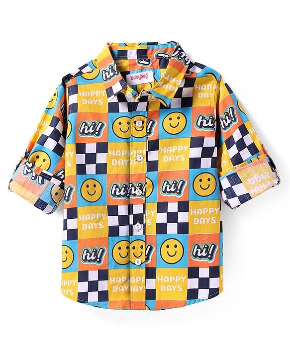 Babyhug Cotton Woven Full Sleeves Shirt with Smiley Print - Yellow & Blue