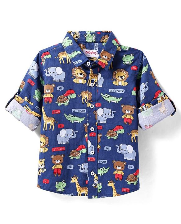 Babyhug Cotton Woven Full Sleeves Shirt with Animal Print - Navy Blue