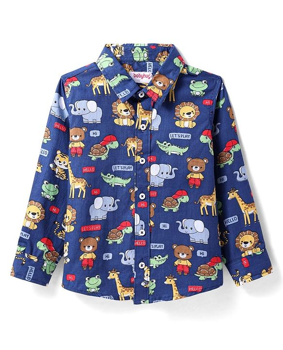 Babyhug Cotton Woven Full Sleeves Shirt with Animal Print - Navy Blue