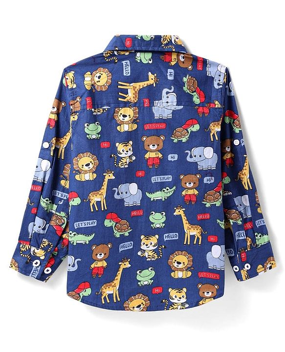 Babyhug Cotton Woven Full Sleeves Shirt with Animal Print - Navy Blue