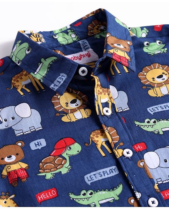 Babyhug Cotton Woven Full Sleeves Shirt with Animal Print - Navy Blue