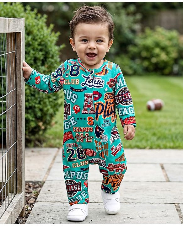Babyhug 100% Cotton Knit Full Sleeves Romper with  Text Print - Mint Green