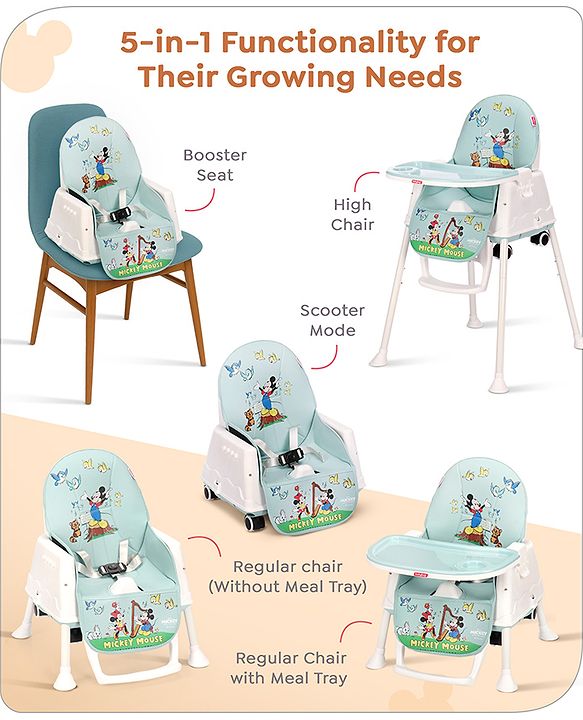 Babyhug Disney 3 in 1 Comfy High Chair With Mickey & Friends Retro Theme Print - Sky Blue