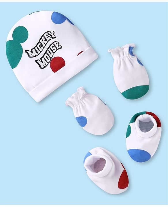 Babyhug Disney Interlock Knit Cap Mittens & Booties With Mickey Mouse Print White - Diameter 9 cm