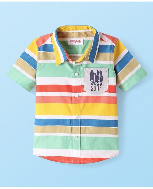 Babyhug Cotton Woven Half Sleeves Striped Shirt with Surf Print - Yellow & Red