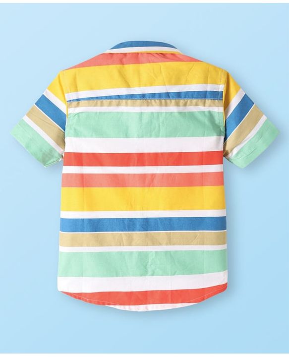 Babyhug Cotton Woven Half Sleeves Striped Shirt with Surf Print - Yellow & Red