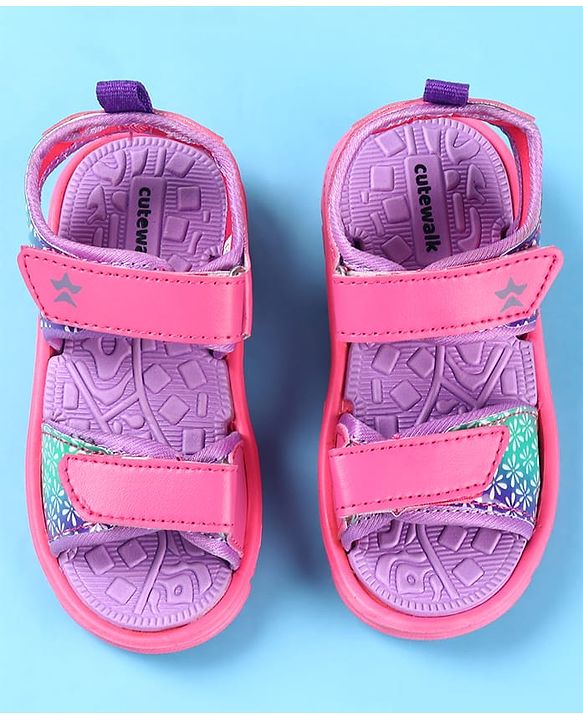 Cute Walk by Babyhug Velcro Closure Sandals with Floral Print - Dark Pink