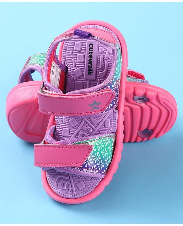 Cute Walk by Babyhug Velcro Closure Sandals with Floral Print - Dark Pink