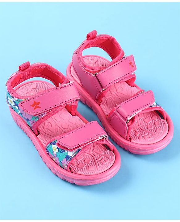Cute Walk by Babyhug Velcro Closure Sandals with Floral Print - Dark Pink