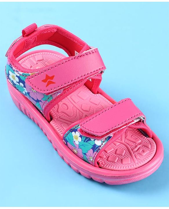 Cute Walk by Babyhug Velcro Closure Sandals with Floral Print - Dark Pink